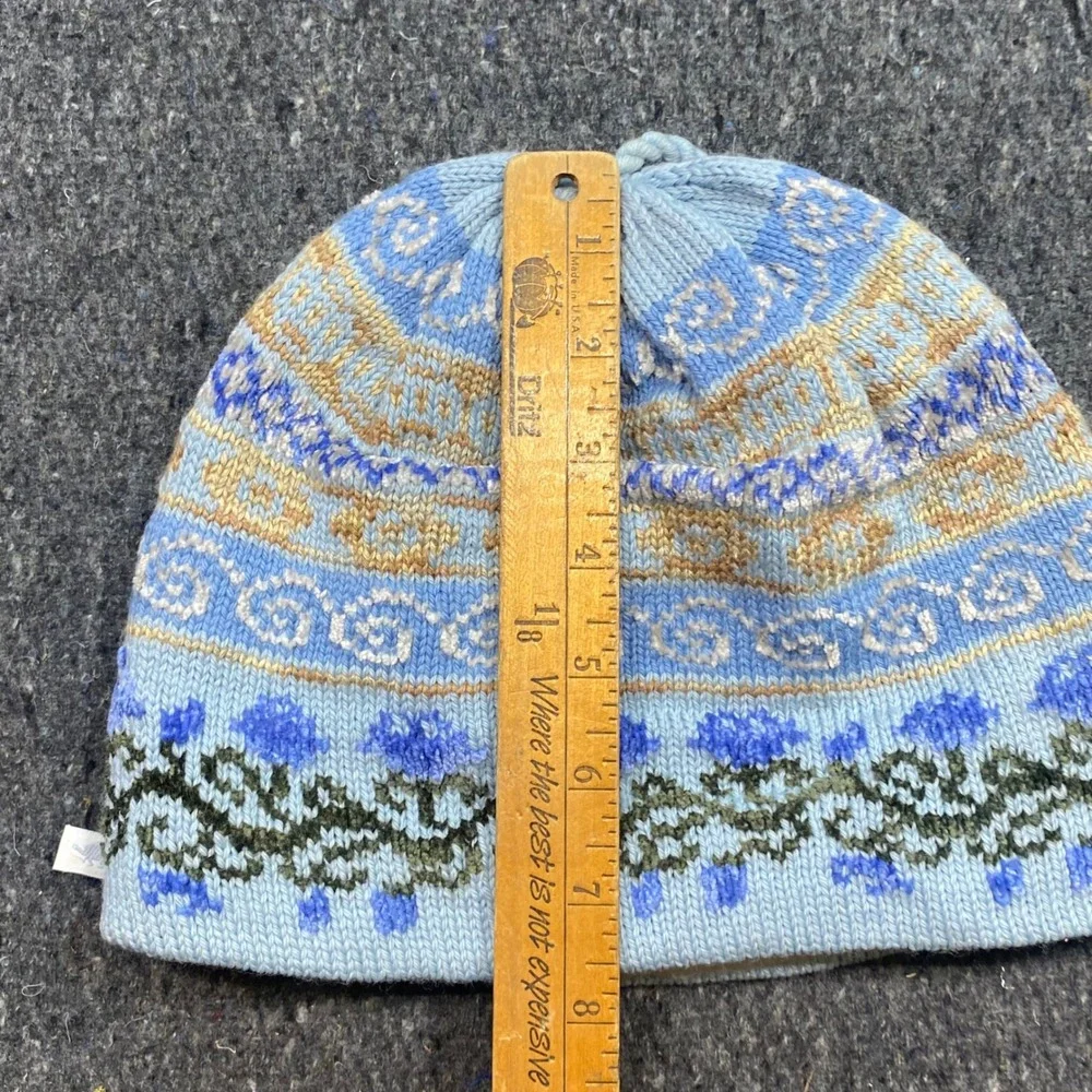Vintage Fair Isle Floral Beanie Hat OS Womens Blue Wool Blend Boho Tassel USA
